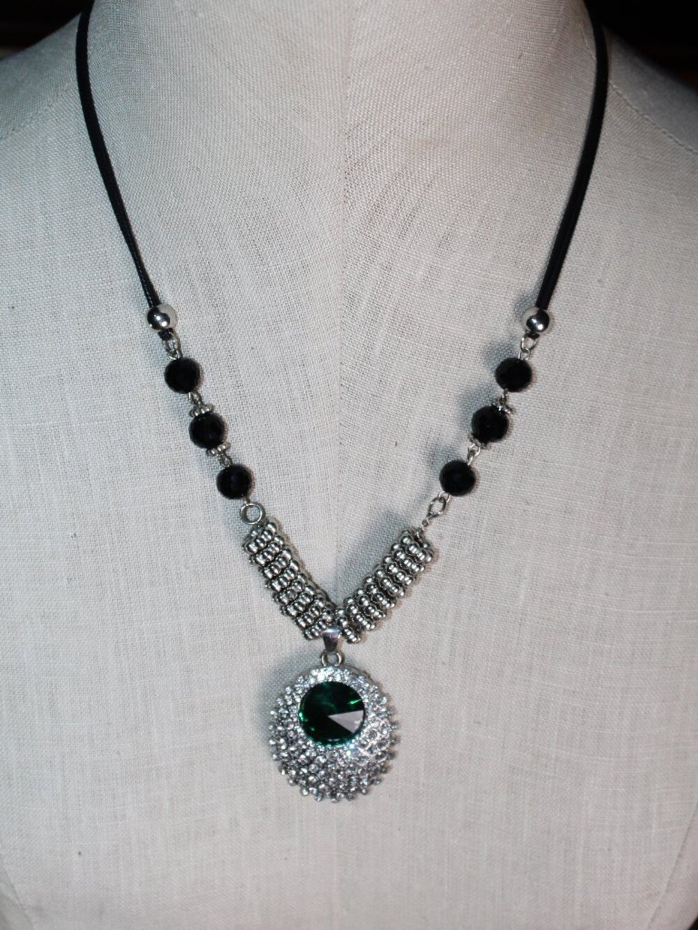 Silver-tone & Clear Stones Surrounding Large Green Stone Pendant 22" Black Cord